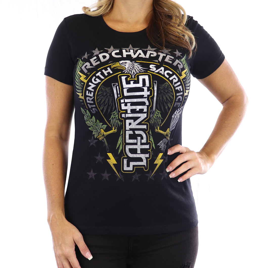 WOMEN'S | Strength / Sacrifice Ambigram | - Black Short Sleeve T-Shirt